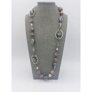 Premier Designs Necklace Silver Toned Chain Charms Natural Tones  32"